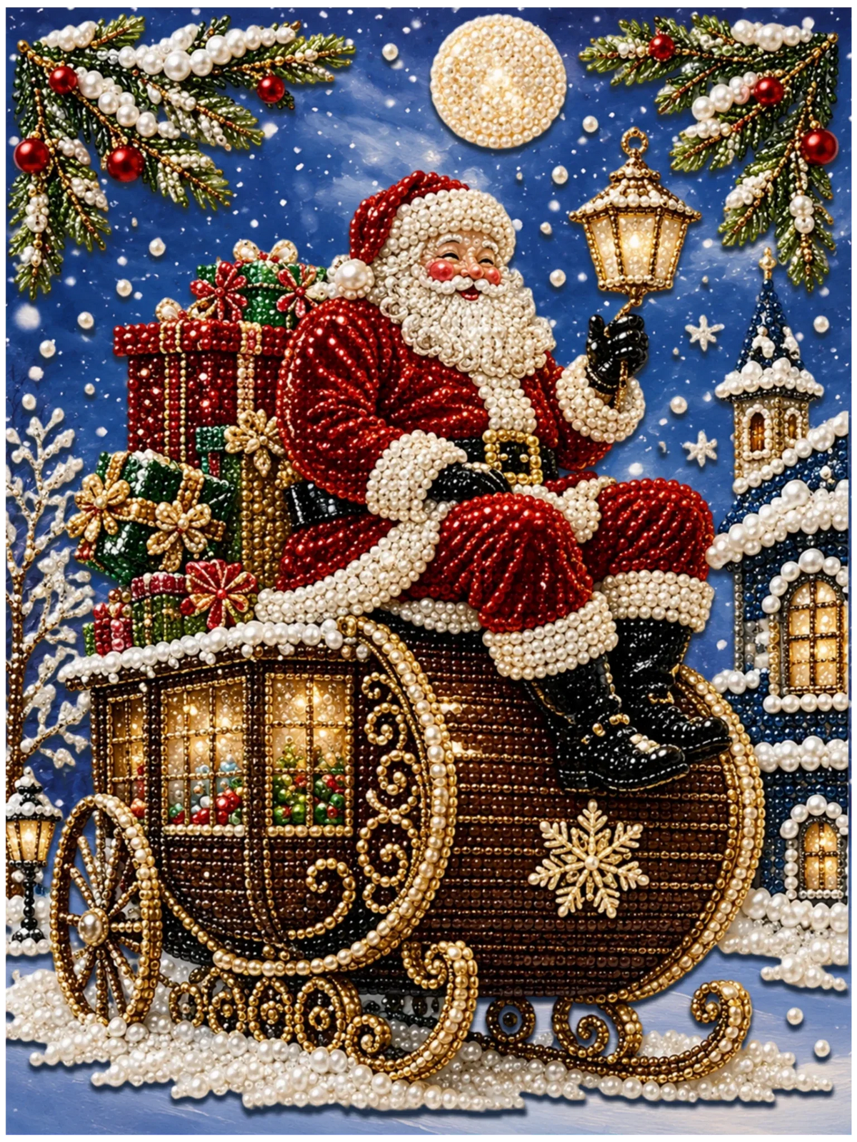 Santa’s Moonlit Sleigh Ride – Pearl Painting - Judy Paint