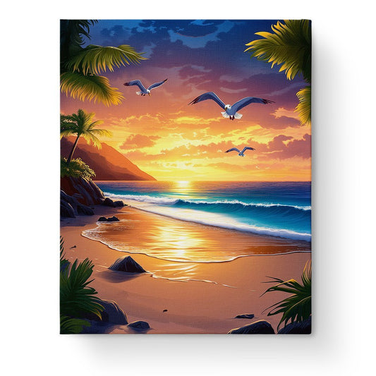 Finished paint by numbers sunset beach painting