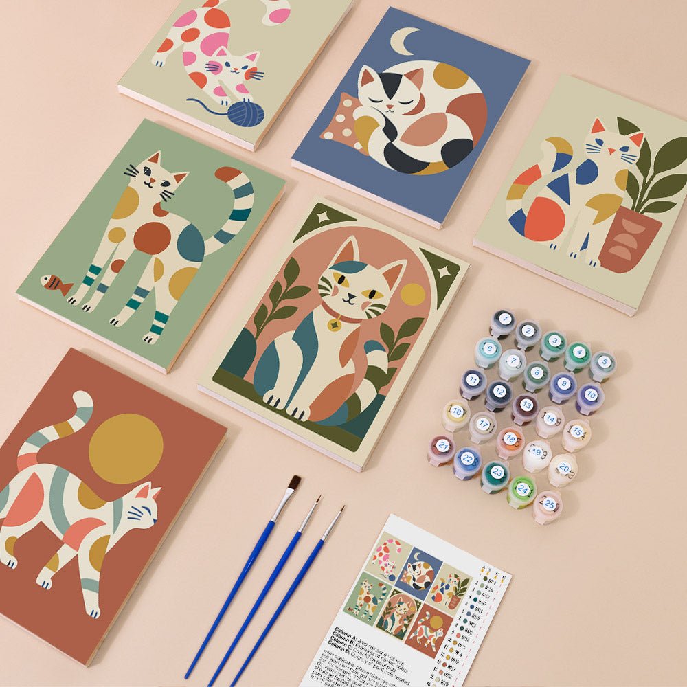 Everything in the Abstract Cat Shapes mini painting kit
