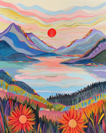 Abstract Vibrant Sunset Over Mountain Lake - Judy Paint