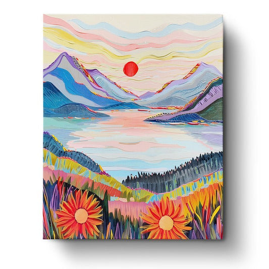 Abstract Vibrant Sunset Over Mountain Lake - Judy Paint