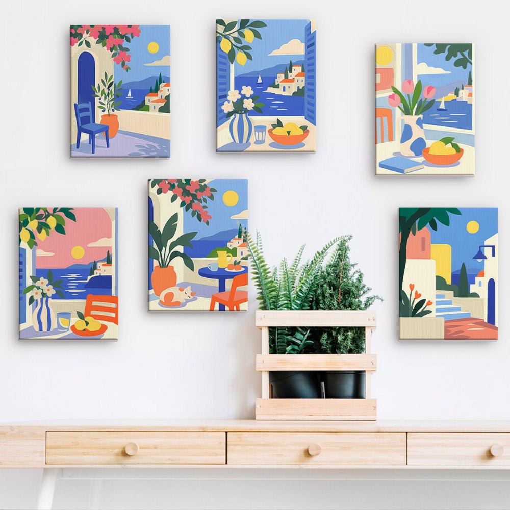 Aegean Summer mini paintings displayed on a wall