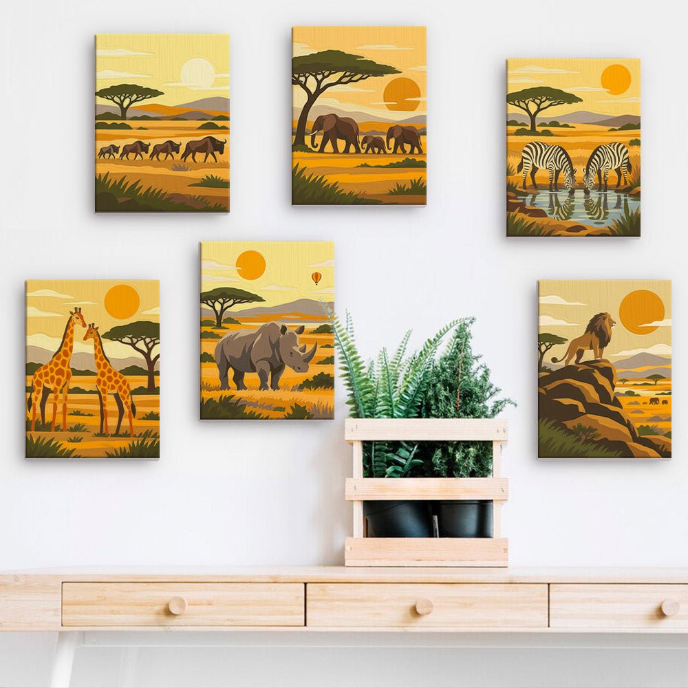 African Safari mini paintings displayed on a wall