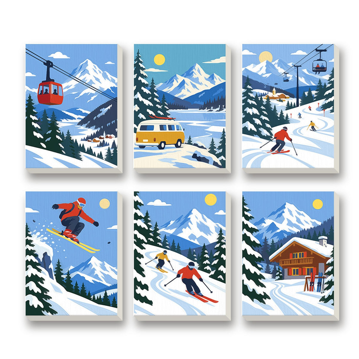Alpine Ski Days – set of 6 mini paint by numbers canvases