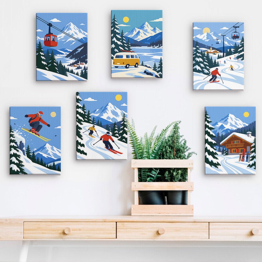 Alpine Ski Days mini paintings displayed on a wall