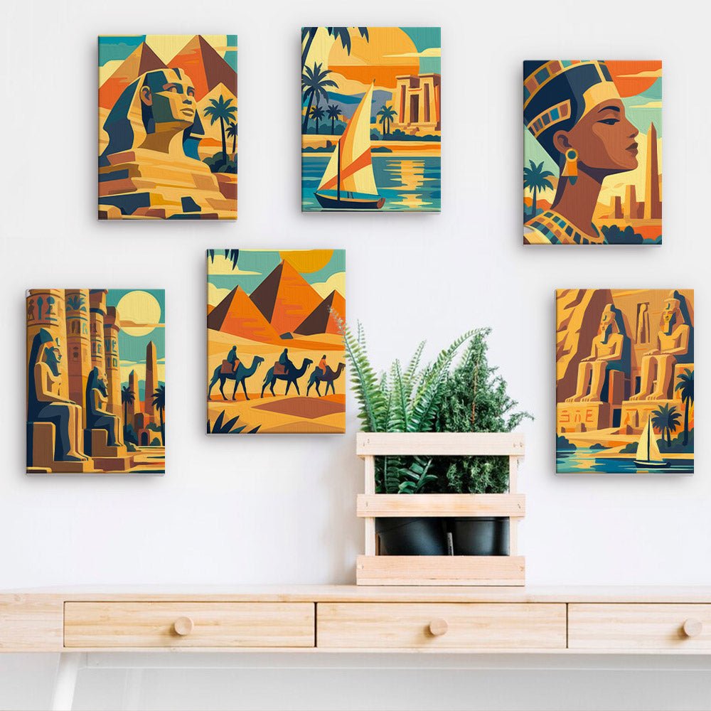 Ancient Egypt mini paintings displayed on a wall