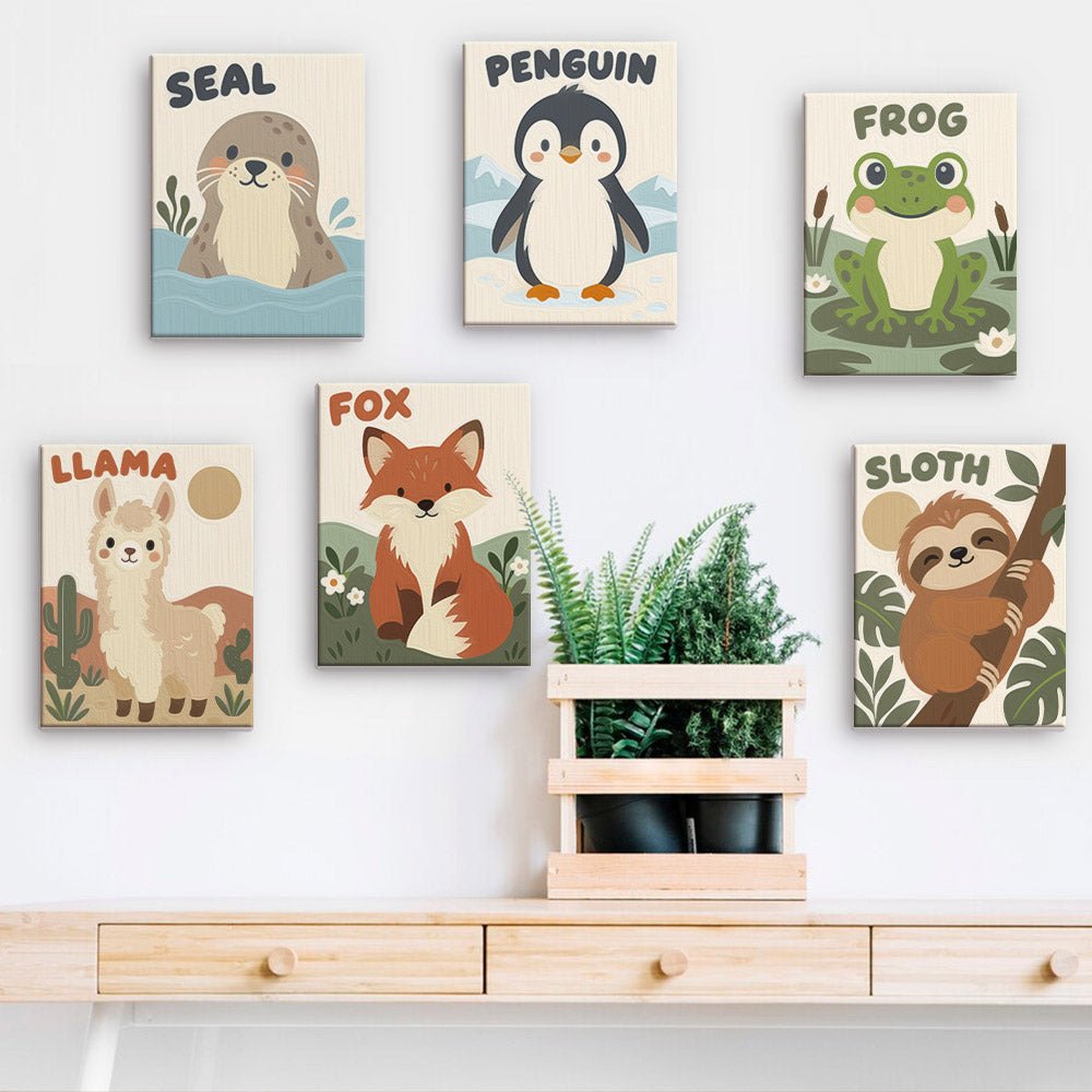 Animal ABC Friends mini paintings displayed on a wall