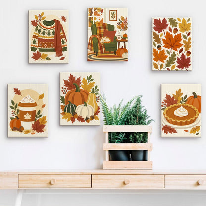Autumn Harvest Cozy mini paintings displayed on a wall