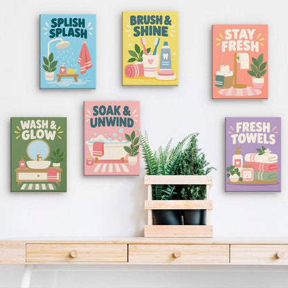 Bathroom Bliss mini paintings displayed on a wall