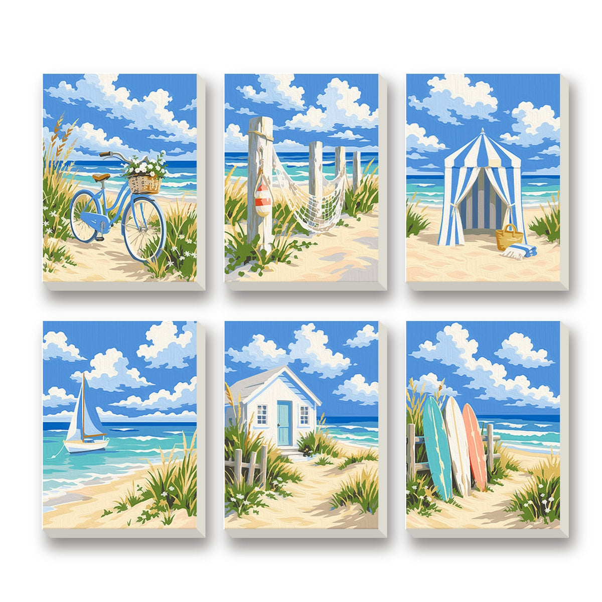 Beach Cottages – set of 6 mini paint by numbers canvases