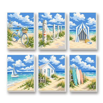 Beach Cottages – set of 6 mini paint by numbers canvases