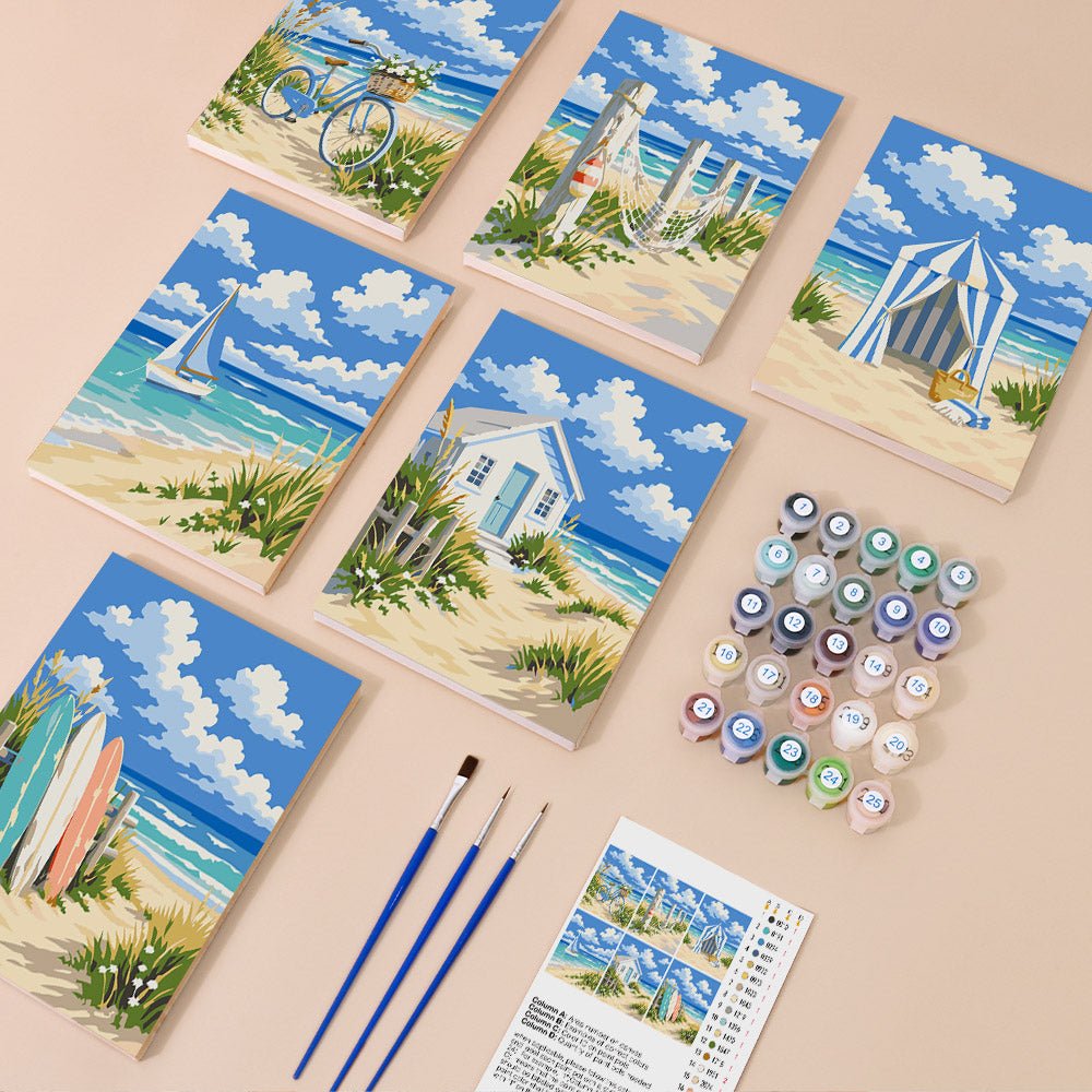 Everything in the Beach Cottages mini painting kit