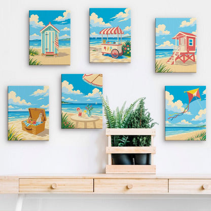 Beach Days mini paintings displayed on a wall