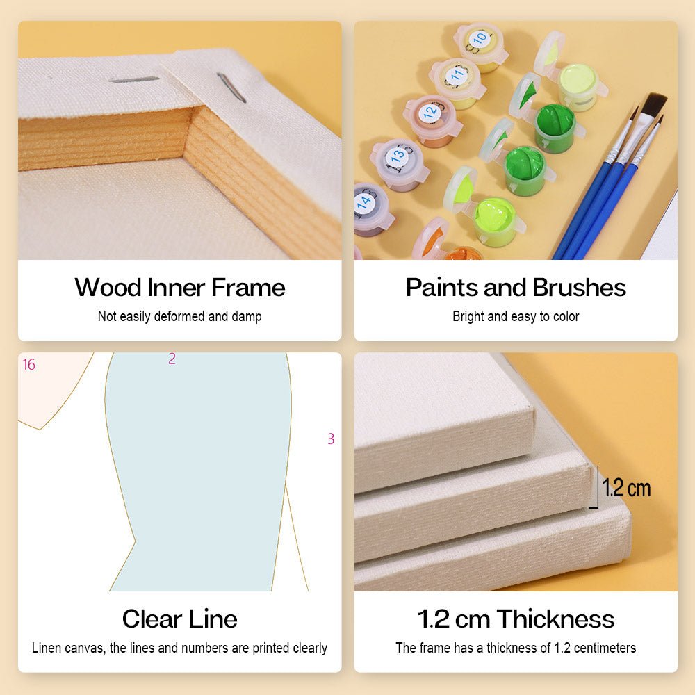 Wood inner frame, paints and brushes, clear lines, 1.2 cm thickness