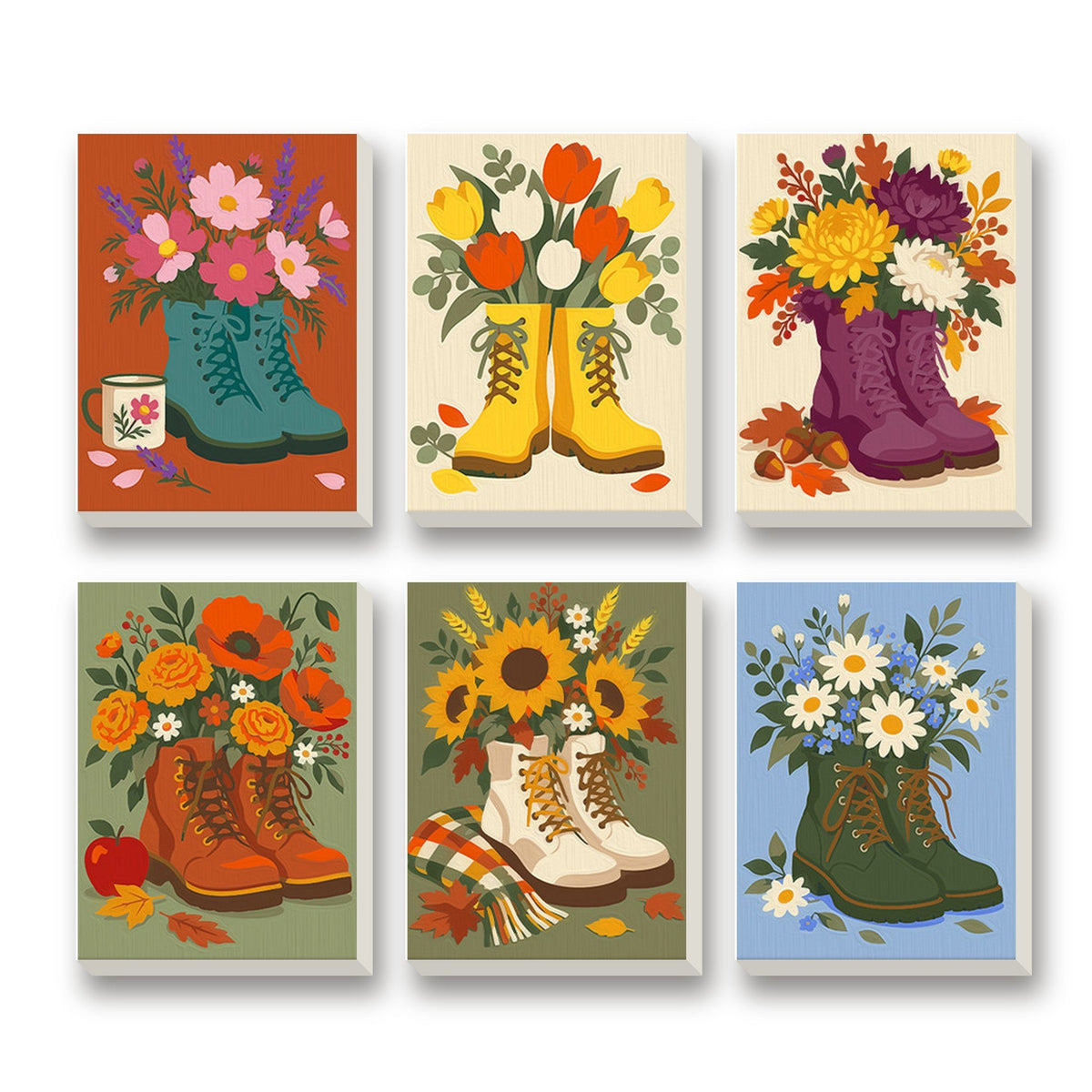 Blooming Boots – set of 6 mini paint by numbers canvases