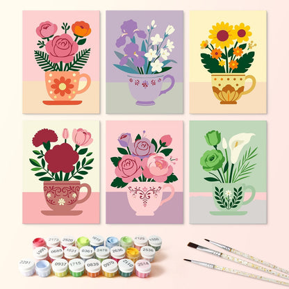 Blooming Teacups – Set of 6 Mini Paintings - Judy Paint
