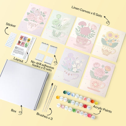 Blooming Teacups – Set of 6 Mini Paintings - Judy Paint