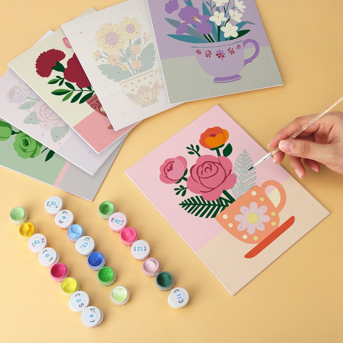 Blooming Teacups – Set of 6 Mini Paintings - Judy Paint