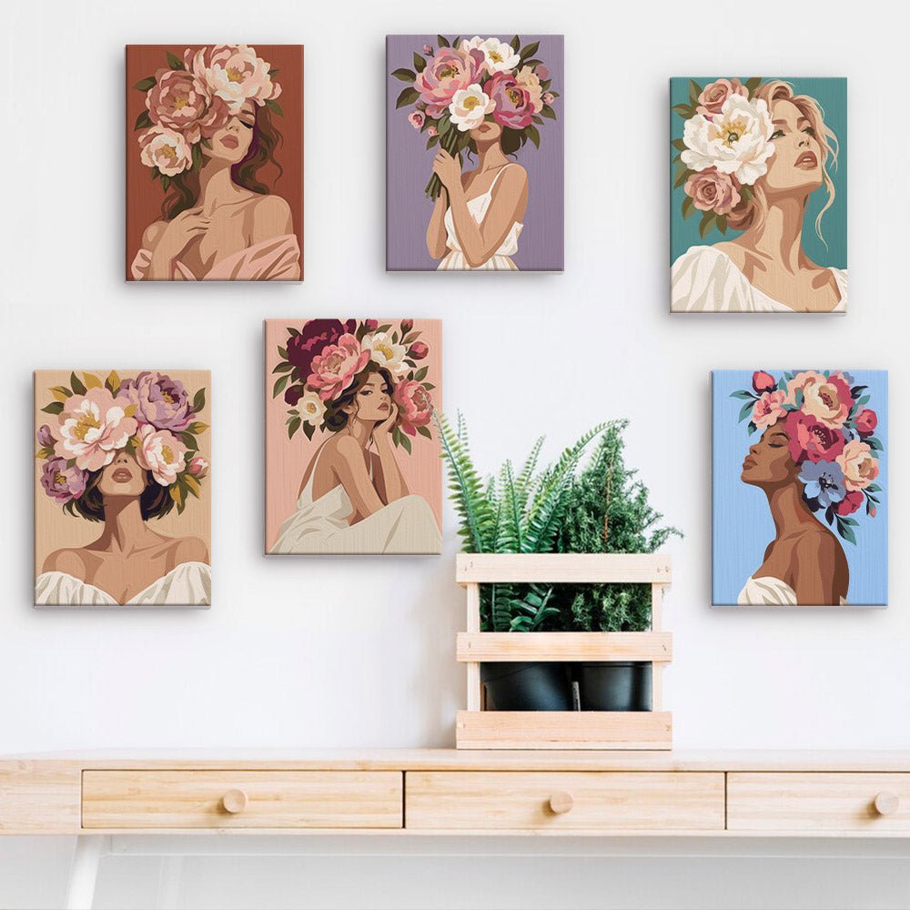 Blossom Portraits mini paintings displayed on a wall