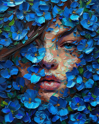 Blue Blossom Portrait - Floral Women - Judy Paint
