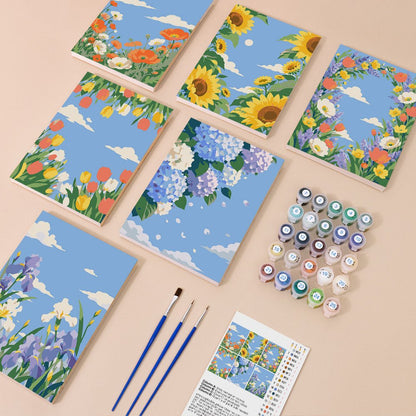 Everything in the Blue Sky Blooms mini painting kit