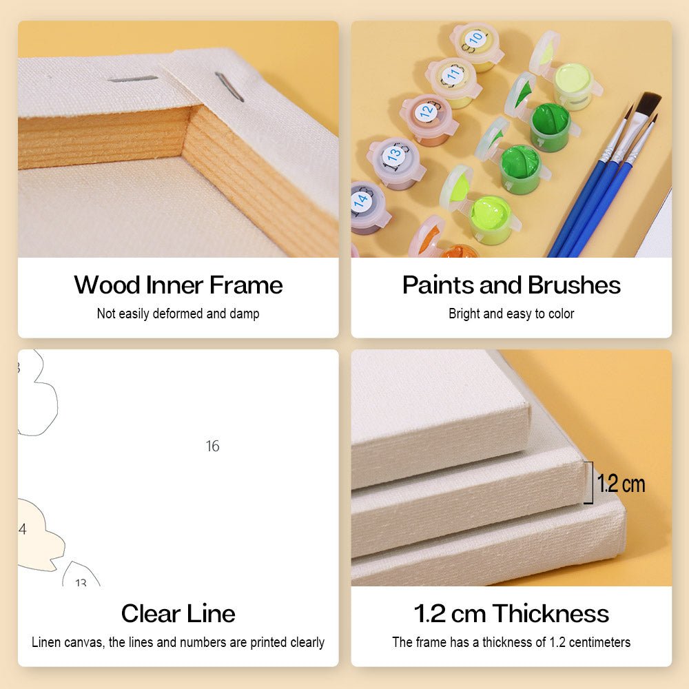 Wood inner frame, paints and brushes, clear lines, 1.2 cm thickness