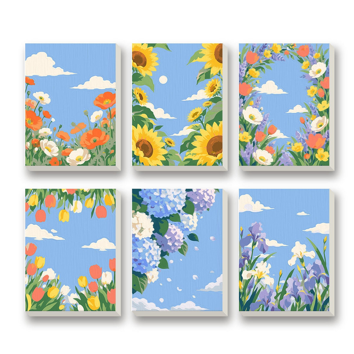 Blue Sky Blooms – set of 6 mini paint by numbers canvases