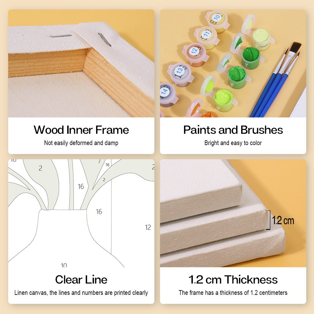 Wood inner frame, paints and brushes, clear lines, 1.2 cm thickness