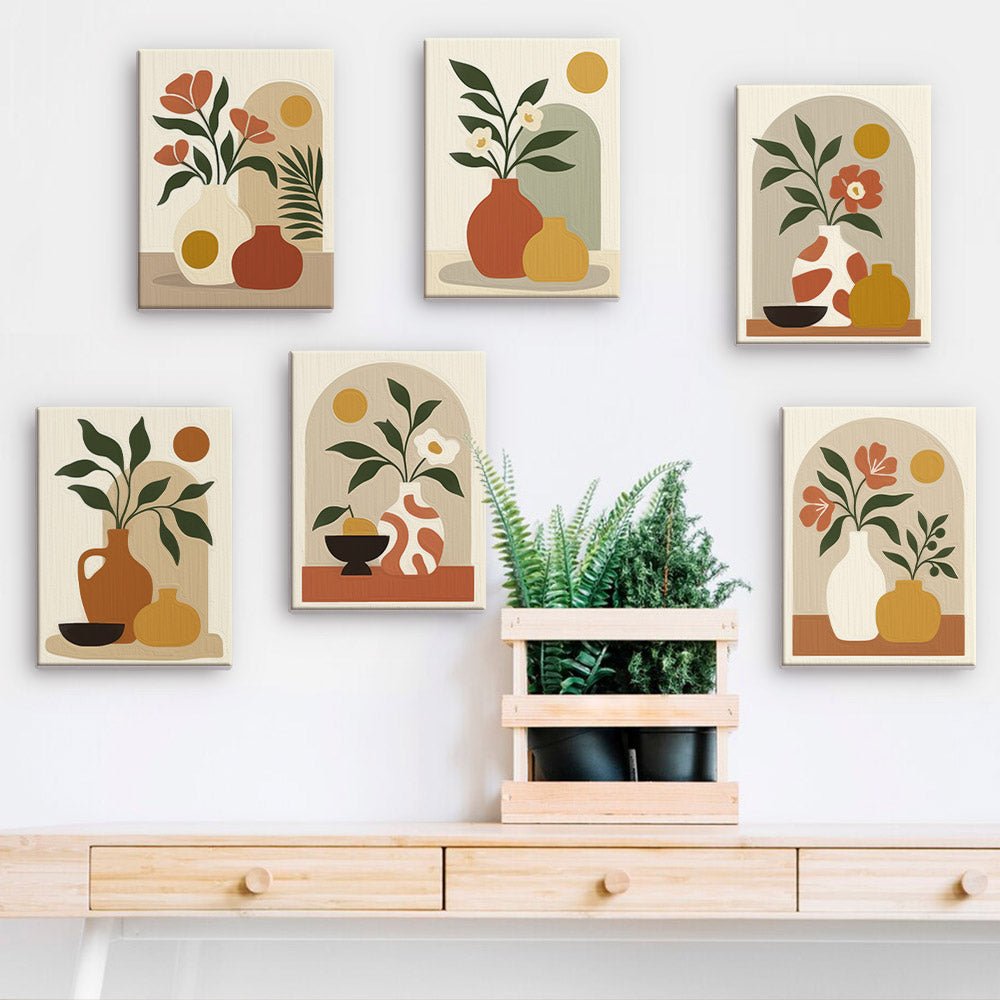 Boho Terracotta mini paintings displayed on a wall