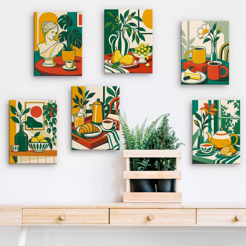 Bold Brunch mini paintings displayed on a wall