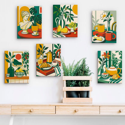 Bold Brunch mini paintings displayed on a wall