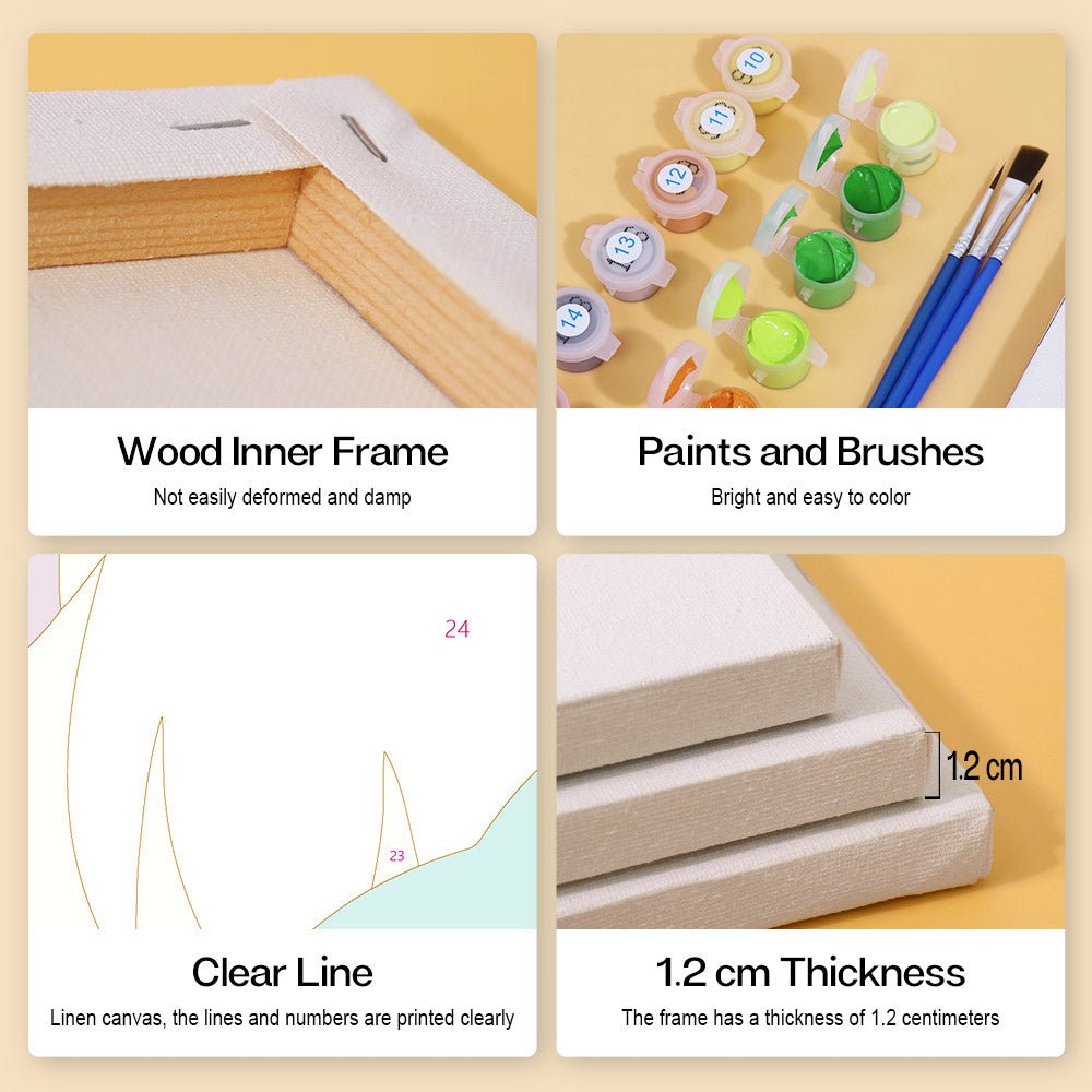 Wood inner frame, paints and brushes, clear lines, 1.2 cm thickness