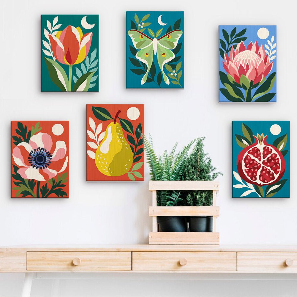 Bold Nature Prints mini paintings displayed on a wall