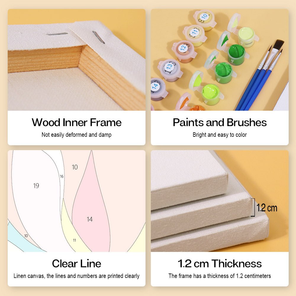 Wood inner frame, paints and brushes, clear lines, 1.2 cm thickness