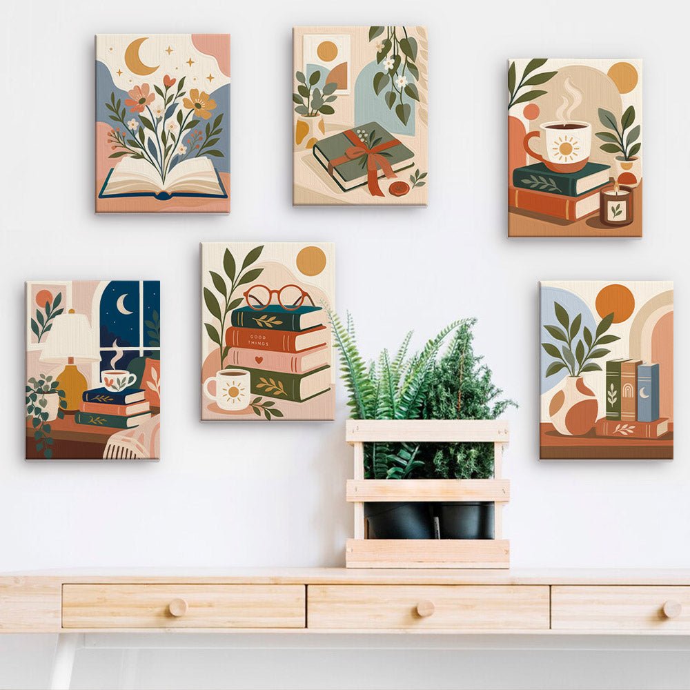 Book Nook Moments mini paintings displayed on a wall
