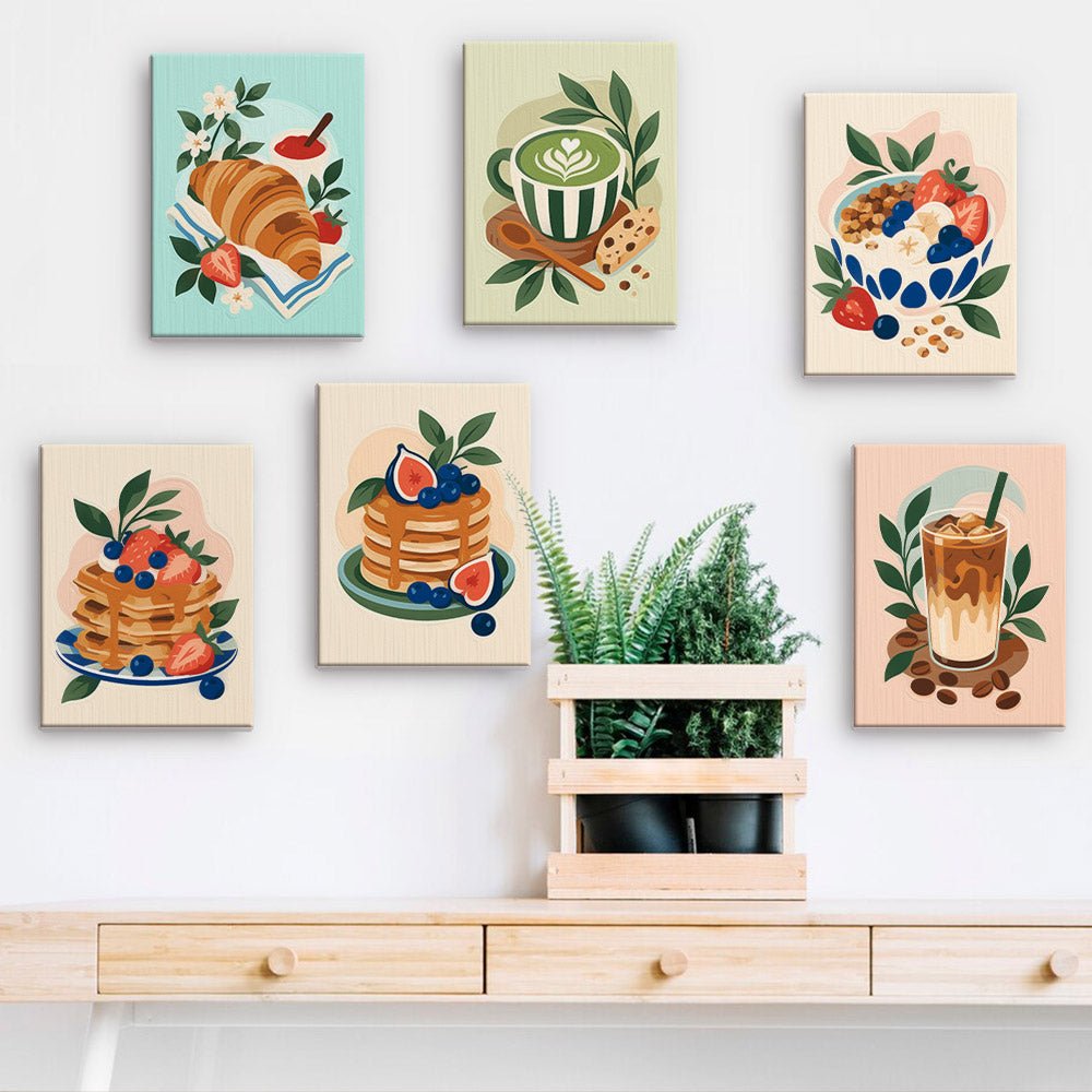 Brunch Club mini paintings displayed on a wall
