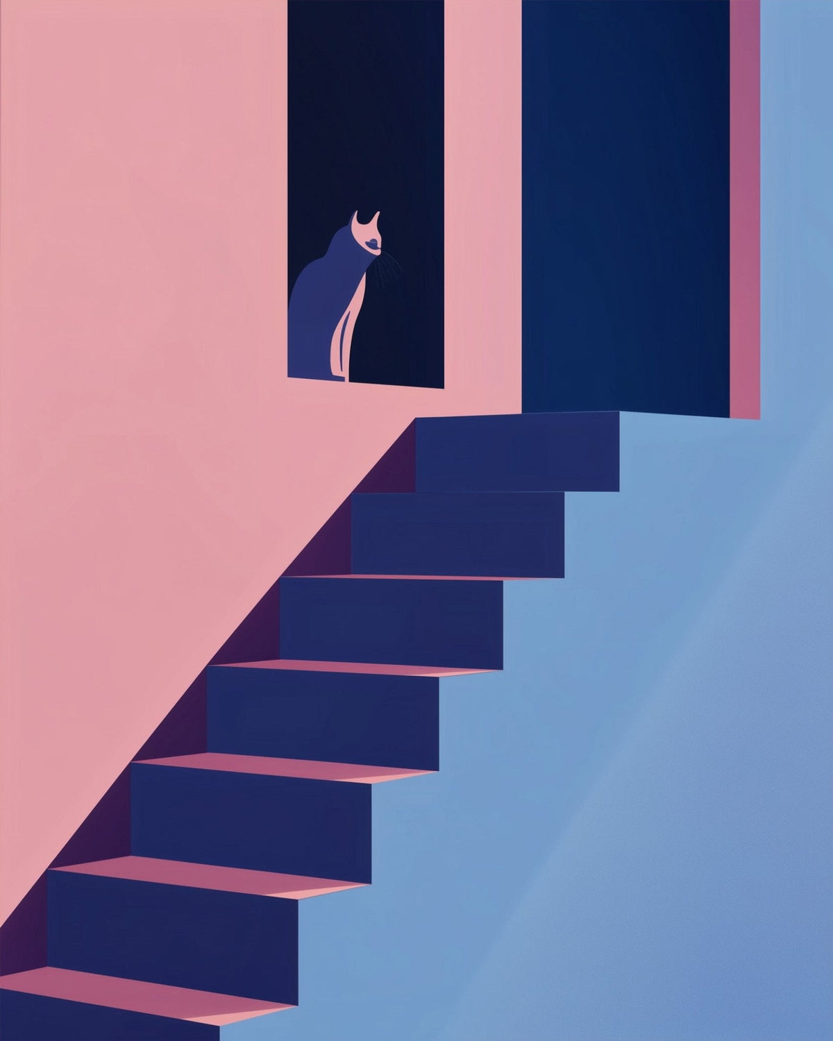 Cat on Abstract Stairs - Minimalistic - Judy Paint