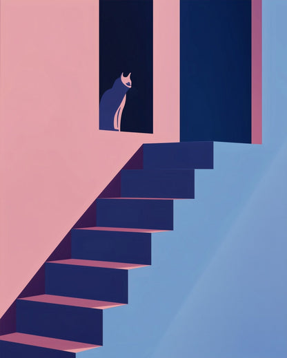 Cat on Abstract Stairs - Minimalistic - Judy Paint