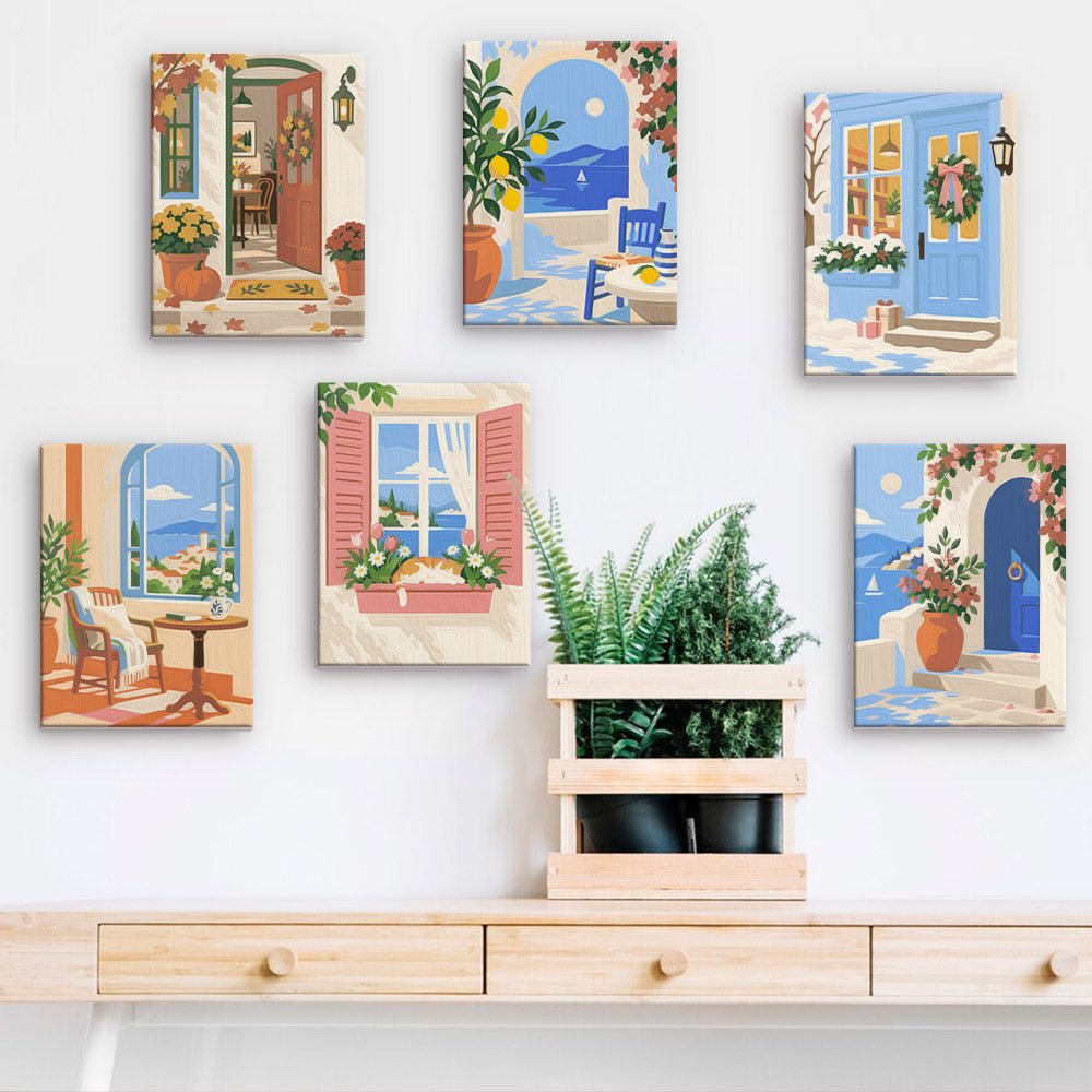 Charming Doorways mini paintings displayed on a wall