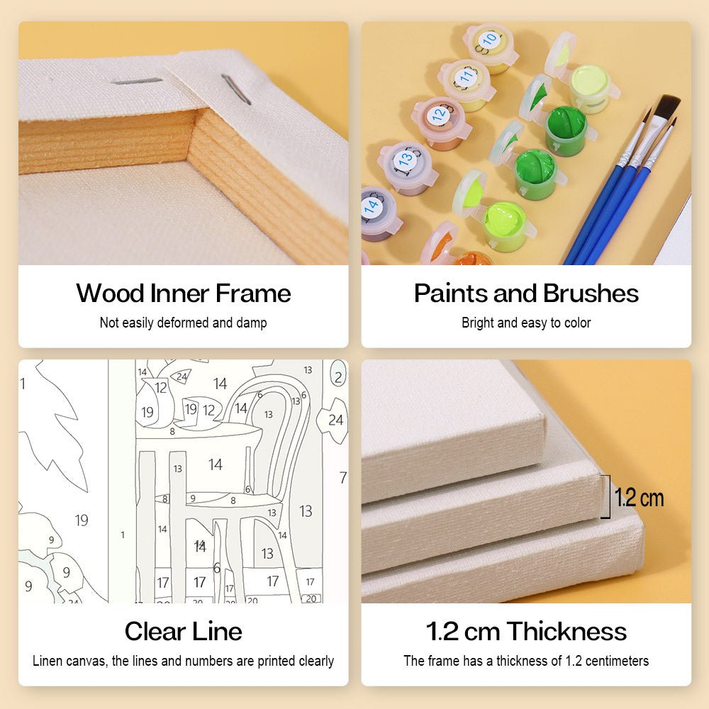 Wood inner frame, paints and brushes, clear lines, 1.2 cm thickness