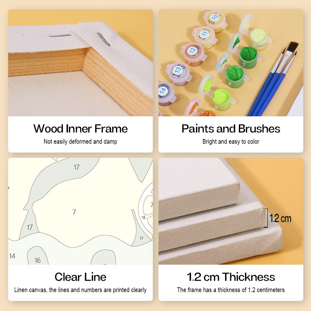 Wood inner frame, paints and brushes, clear lines, 1.2 cm thickness