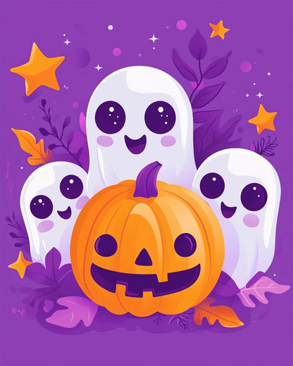 Cheerful Ghosts and Pumpkin - Halloween - Judy Paint