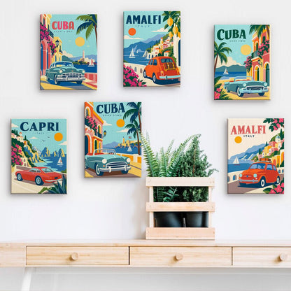 Classic Car Getaways mini paintings displayed on a wall
