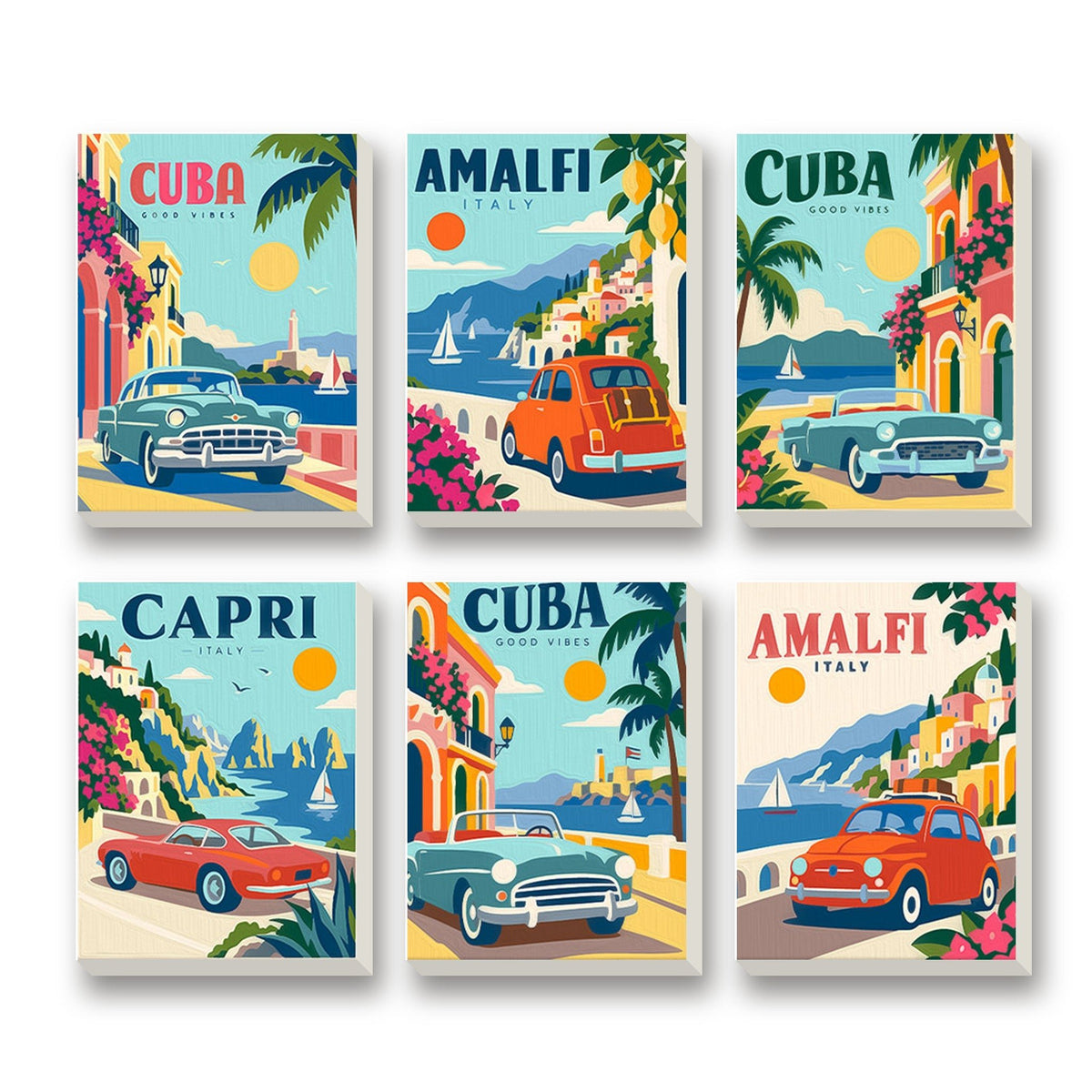 Classic Car Getaways – set of 6 mini paint by numbers canvases