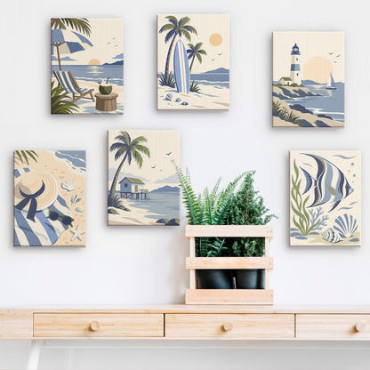 Coastal Blues mini paintings displayed on a wall