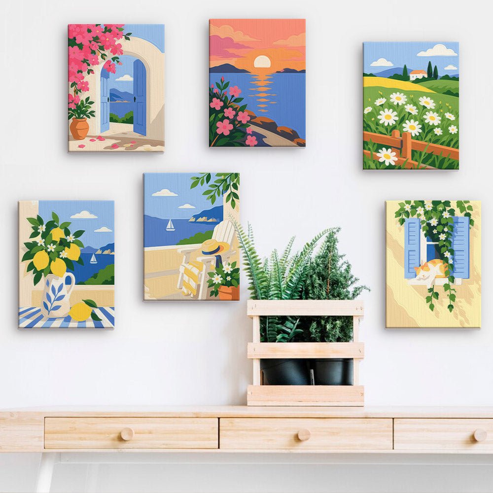 Coastal Daydreams mini paintings displayed on a wall
