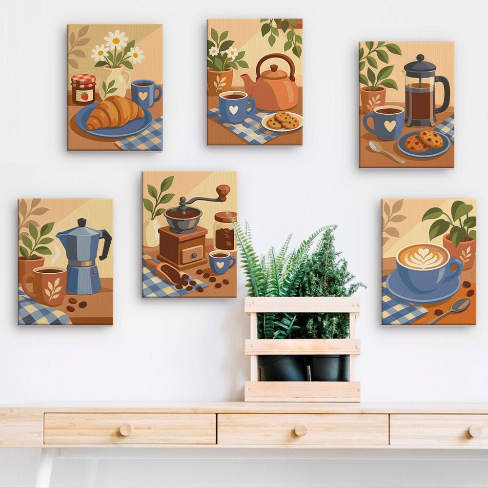 Coffee Break mini paintings displayed on a wall