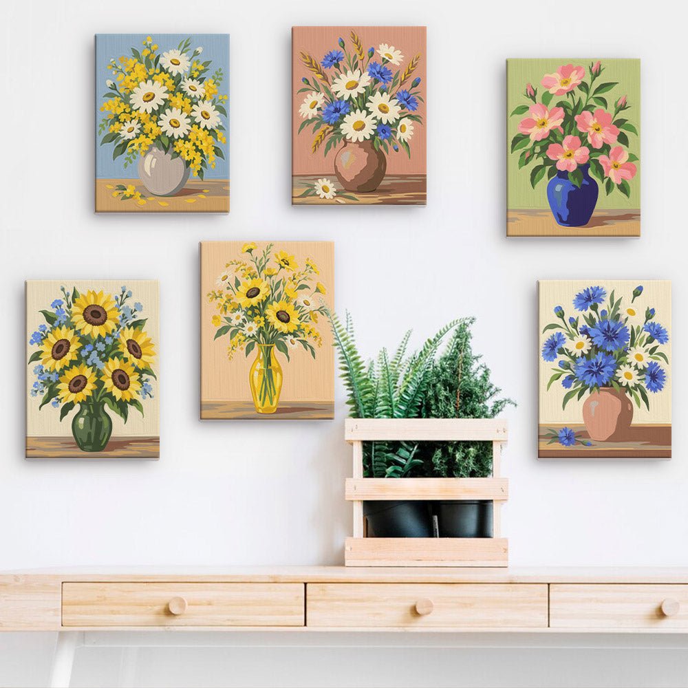 Cottage Flower Vases mini paintings displayed on a wall