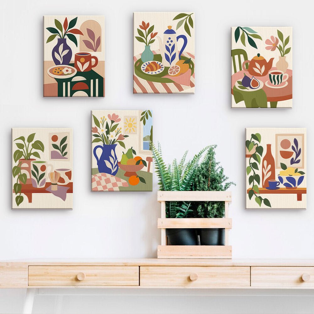Cottage Still Life mini paintings displayed on a wall