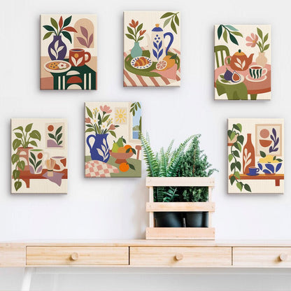 Cottage Still Life mini paintings displayed on a wall